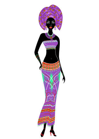 Slender beautiful African-American lady. The girl has bright clothes, a turban on her head. The woman is slender and beautiful. Vector illustration.のイラスト素材