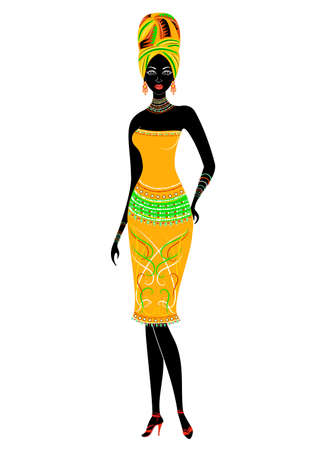 Slender beautiful African-American lady. The girl has bright clothes, a turban on her head. The woman is slender and beautiful. Vector illustration.のイラスト素材