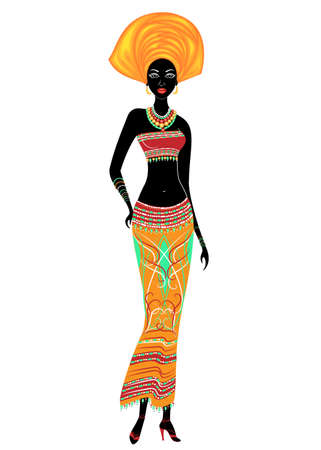 Slender beautiful African-American lady. The girl has bright clothes, a turban on her head. The woman is slender and beautiful. Vector illustration.のイラスト素材