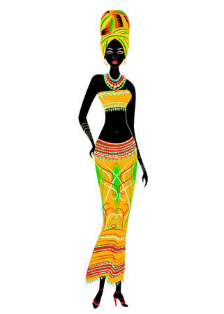 Slender beautiful African-American lady. The girl has bright clothes, a turban on her head. The woman is slender and beautiful. Vector illustrationのイラスト素材