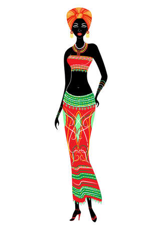 Slender beautiful African-American lady. The girl has bright clothes, a turban on her head. The woman is slender and beautiful. Vector illustration.のイラスト素材