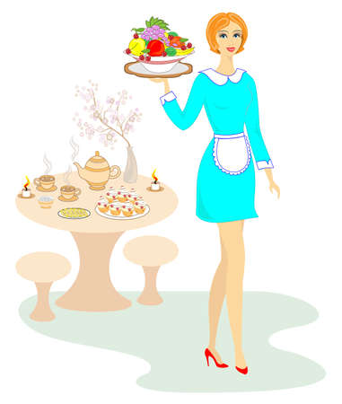 Lovely shapely lady. The girl is carrying a tray of fruit. A woman has a profession as a waiter. Vector illustration.のイラスト素材