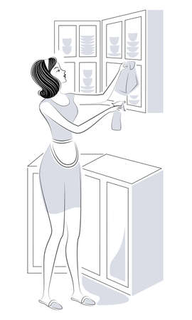 Profile of a sweet lady. The girl removes dust in the kitchen, washes the closet. A woman is a good wife and a neat housewife. Vector illustration.のイラスト素材