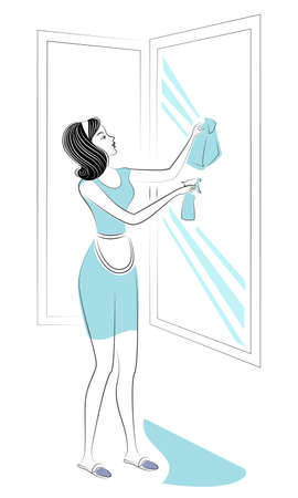 Profile of a sweet lady. A girl is washing windows. A woman is a good wife and a neat housewife. Vector illustration.のイラスト素材
