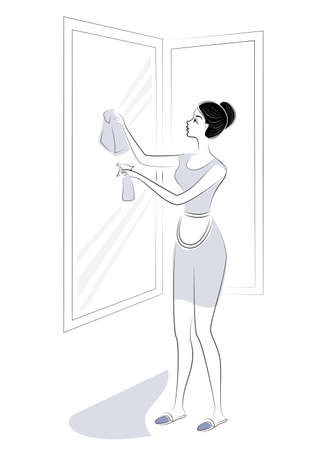 Profile of a sweet lady. A girl is washing windows. A woman is a good wife and a neat housewife. Vector illustration.のイラスト素材