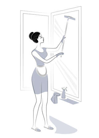 Profile of a sweet lady. A girl is washing windows. A woman is a good wife and a neat housewife. Vector illustration.のイラスト素材