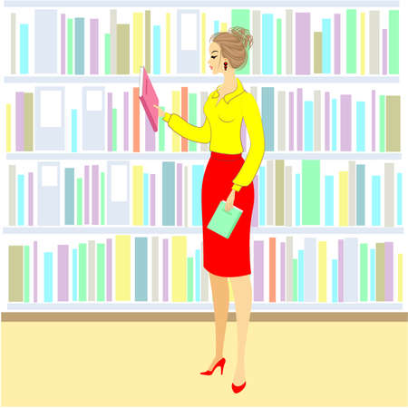 The girl in the library. A nice woman is looking at books for a lesson. Next shelf of the cabinet with books. Vector illustration.のイラスト素材