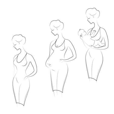 Profile of a sweet lady. Silhouette of a pregnant girl and a woman with a young child. Three periods in a woman s life. Vector illustration.のイラスト素材