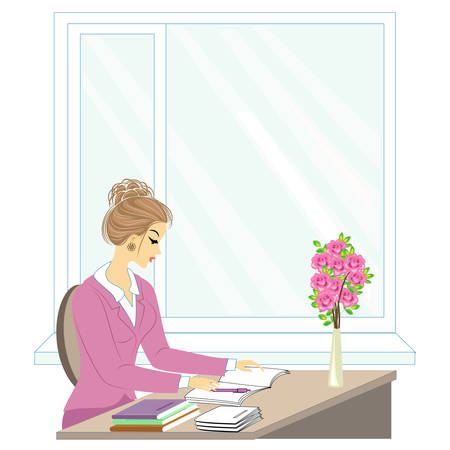 Handsome young teacher. The girl is sitting at the table near the window. A woman writes in a class journal. Vector illustration.のイラスト素材