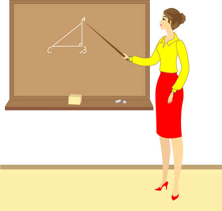Handsome young teacher. The girl is sitting at the table near the window. A woman writes in a class journal. Vector illustration.のイラスト素材