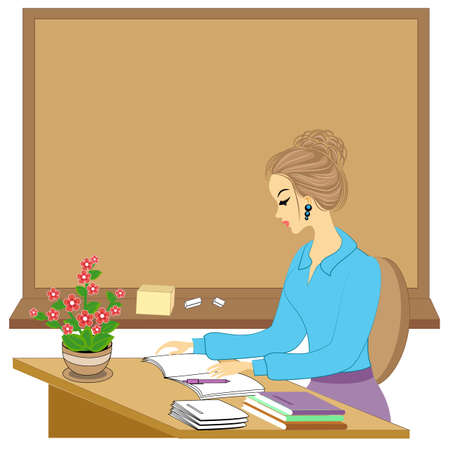 Handsome young teacher. The girl is sitting at the table near the window. A woman writes in a class journal. Vector illustration.のイラスト素材