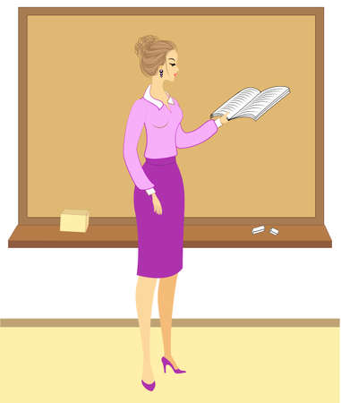 Handsome young teacher. The girl is sitting at the table near the window. A woman writes in a class journal. Vector illustration.のイラスト素材