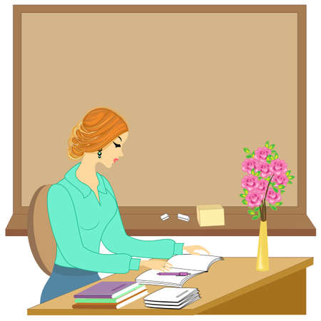 Handsome young teacher. The girl is sitting at the table near the window. A woman writes in a class journal. Vector illustration.のイラスト素材