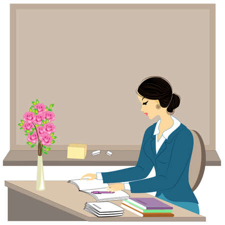 Handsome young teacher. The girl is sitting at the table near the window. A woman writes in a class journal. Vector illustration.のイラスト素材
