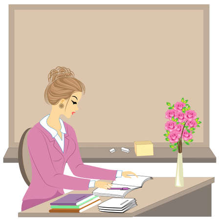 Handsome young teacher. The girl is sitting at the table near the window. A woman writes in a class journal. Vector illustration.のイラスト素材