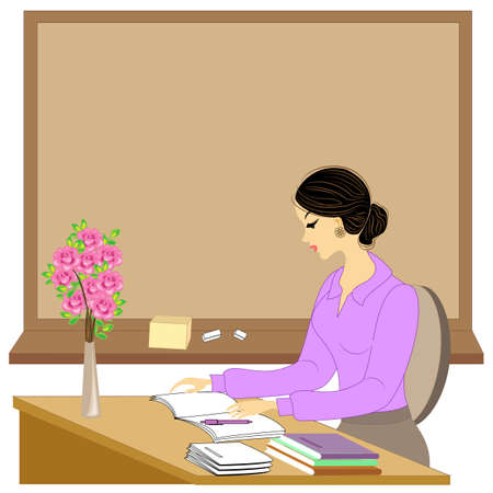 Handsome young teacher. The girl is sitting at the table near the window. A woman writes in a class journal. Vector illustration.のイラスト素材