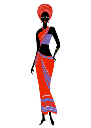 Slender beautiful African-American lady. The girl has bright clothes, a turban on her head. The woman is slender and beautiful. Vector illustration.のイラスト素材