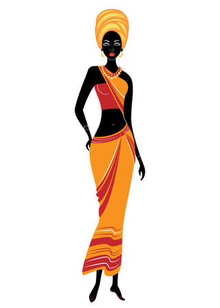 Slender beautiful African-American lady. The girl has bright clothes, a turban on her head. The woman is slender and beautiful. Vector illustration.のイラスト素材