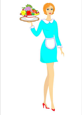 Lovely shapely lady. The girl is carrying a tray of fruit. A woman has a profession as a waiter. Vector illustration.のイラスト素材