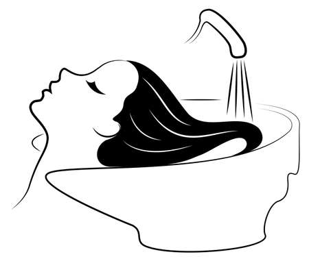 The main profile of a beautiful lady. The girl in the beauty salon. Woman washes her hair with water in the hairdresser s car wash. Vector illustration.のイラスト素材
