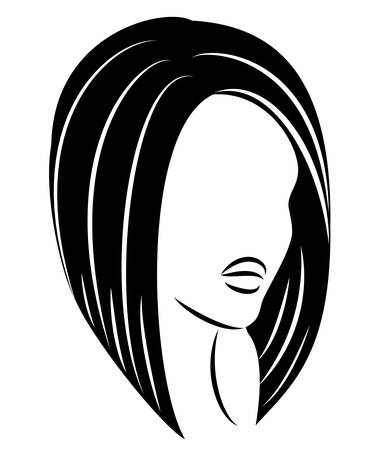 Silhouette of a head of a sweet lady. A girl shows a hairstyle of a woman on long and medium hair. Suitable for logo, advertising. Vector illustration.のイラスト素材