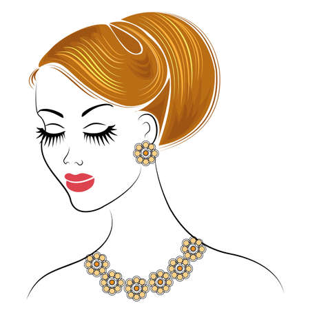 Silhouette of a profile of a sweet lady s head. The girl shows a female hairstyle on long and medium hair. Suitable for logo, advertising. Vector illustration.のイラスト素材