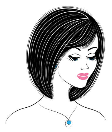 Silhouette of a head of a sweet lady. A girl shows a hairstyle of a woman on medium and long hair. Suitable for logo, advertising. Vector illustration.のイラスト素材