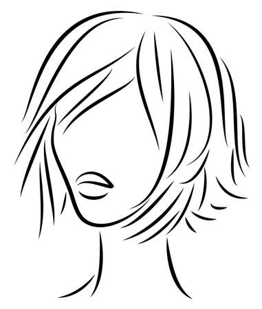 Silhouette of a head of a sweet lady. A girl shows a hairstyle of a woman on long and medium hair. Suitable for logo, advertising. Vector illustration.のイラスト素材