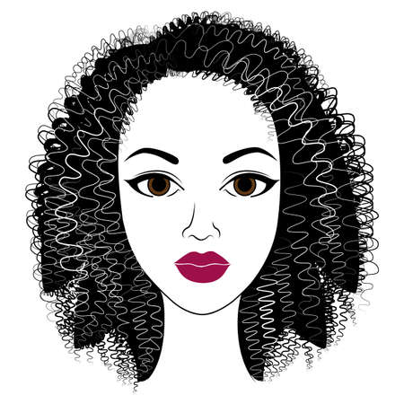Profile of the head of a sweet lady. An African American girl shows her hairstyle on medium and short hair. Silhouette, beautiful and stylish woman. Vector illustration.のイラスト素材