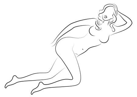 Silhouette of a sweet lady. The girl has a beautiful slim figure. The woman lies. Graphic image. Vector illustration.のイラスト素材