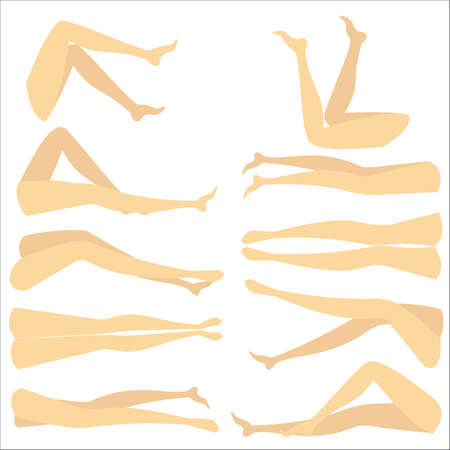 A colorful picture with silhouettes of slender beautiful female feet. Different forms of legs when the girl lies on her back and on her stomach. When he is sleeping and awake. Vector illustration.のイラスト素材