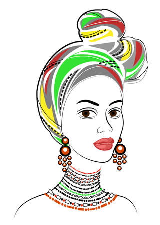 Silhouette of a head of a sweet lady. A bright shawl and a turban are tied on the head of an African-American girl. The woman is beautiful and stylish. Vector illustration.のイラスト素材