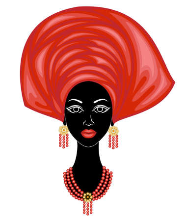 The head of a nice lady. On the head of an African American girl is tied a bright handkerchief, a turban. The woman is beautiful and stylish. Vector illustration.のイラスト素材