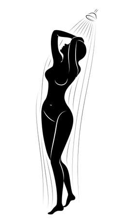 Silhouette of a cute young lady. The girl washes in the shower. The woman has a slim beautiful figure. Vector illustration.のイラスト素材