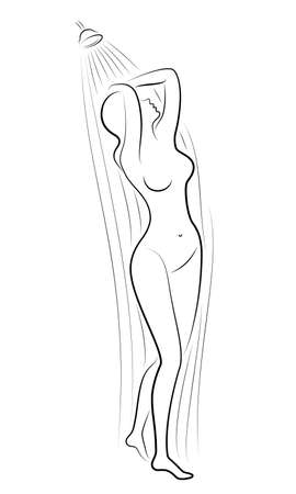 Silhouette of a cute young lady. The girl washes in the shower. The woman has a slim beautiful figure. Vector illustration.のイラスト素材