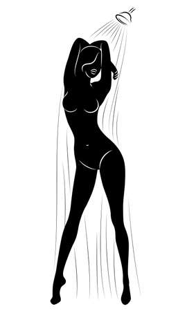 Silhouette of a cute young lady. The girl washes in the shower. The woman has a slim beautiful figure. Vector illustration.のイラスト素材