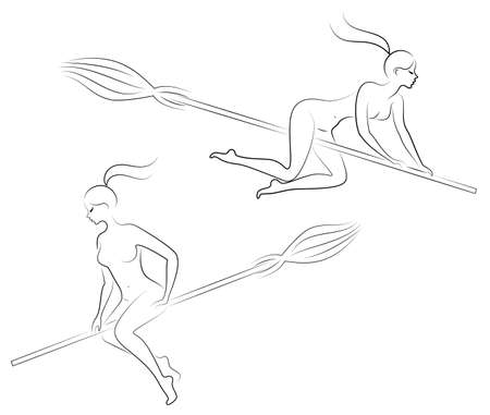 Collection. Fantastic character from a fairy tale, the witch girl. A woman flies on her broom for Halloween. The lady is naked and beautiful. Vector illustration set.のイラスト素材