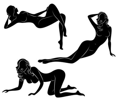 Collection. Silhouettes of lovely ladies. Beautiful girls are sitting in different poses. The figures of women are naked, feminine and slender. Set of vector illustrations.のイラスト素材