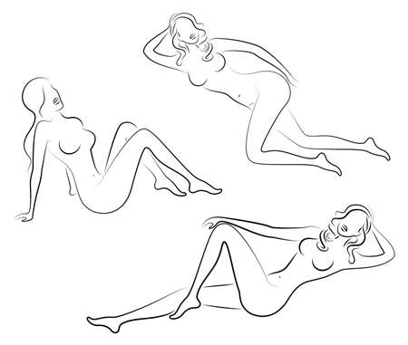 Collection. Silhouettes of lovely ladies. Beautiful girls are in different poses. The figures of women are naked, feminine and slender. Set of vector illustrations.のイラスト素材