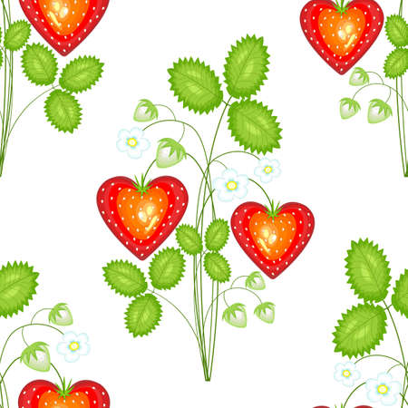A fancy pattern. Ripe beautiful strawberries. Suitable as wallpaper in the kitchen, as a background for packing food, textiles in the nursery. Creates a festive mood. Vector illustration.のイラスト素材