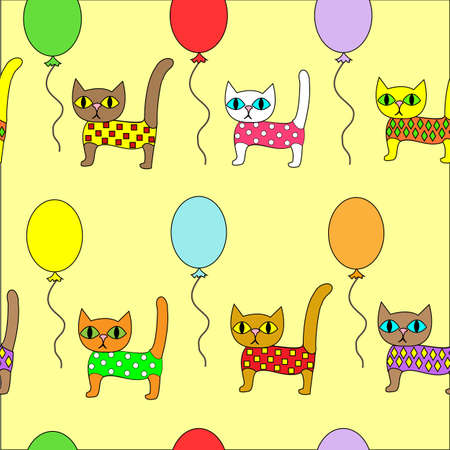 Beautiful creative textiles. Picture of the original kittens on balloons. Wallpaper for the children s room, pretty pattern. Vector illustration.のイラスト素材