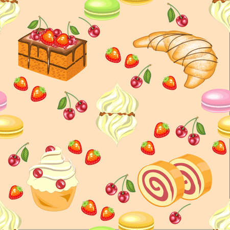 Seamless pattern. Festive cakes, marshmallows, croissants, strawberry candies, cherries. Suitable for wallpaper in the kitchen. Creates a festive mood. Vector illustration.のイラスト素材