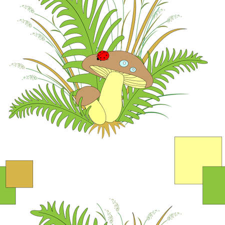 Cute forest mushrooms in fern grass and ladybird. Vector illustration.のイラスト素材
