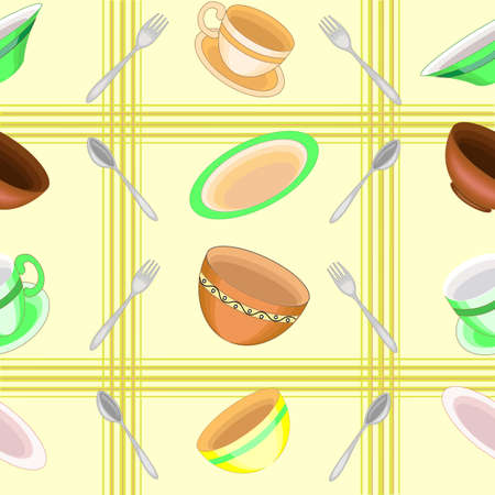 A fancy pattern. Beautiful dishes, bowls, cups, spoons, forks. Suitable as wallpaper in the kitchen, as a background for packaging products. Vector illustration.のイラスト素材