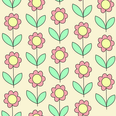 Beautiful creative textiles. Pink flower on a yellow background. Wallpaper for the children s room. Vector illustration.のイラスト素材