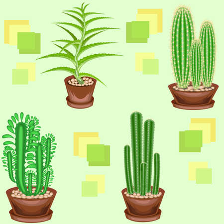 Cacti in pots on a green background. A fancy pattern. Suitable as wallpaper on, as a background for packaging products. Creates a cheerful mood. Vector illustration.のイラスト素材