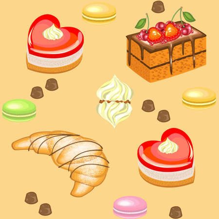 Seamless pattern. Festive cakes, marshmallows, croissants, strawberry candies, cherries. Suitable for wallpaper in the kitchen. Creates a festive mood. Vector illustration.のイラスト素材