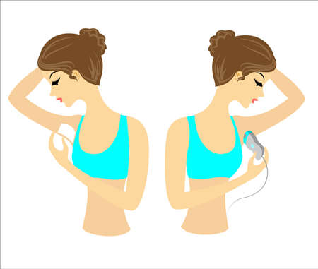 Profile of two girls. The ladies do the depilation of the underarms themselves. Remove the hair with a gel, wax and epilatory. Vector illustration.のイラスト素材