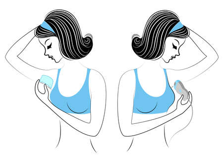 Profile of two girls. The ladies do the depilation of the underarms themselves. Remove the hair with a gel, wax and epilatory. Vector illustration.のイラスト素材