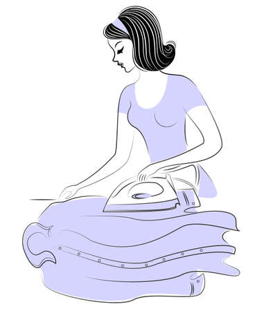 Profile of a beautiful lady. Cute girl ironing clothes. She is a caring hostess. Vector illustration.のイラスト素材